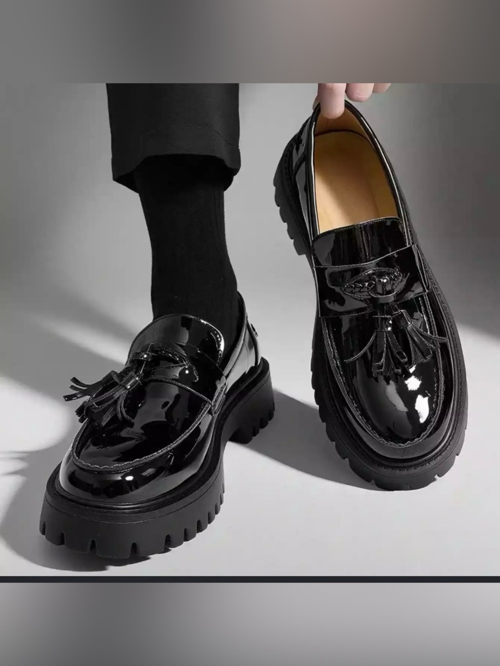 Mens Black Patent Tassel Loafers